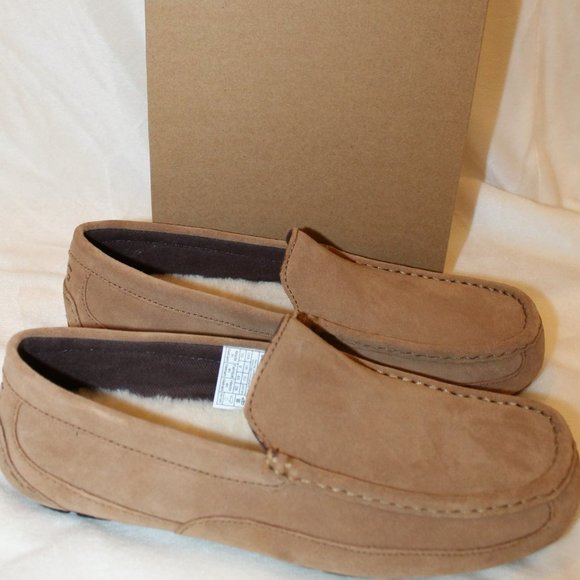 NIB UGG MEN'S ALDER SUEDE SHEARLING SLIP ON SLIPPERS LOAFERS‎ CHESTNUT - Picture 2 of 8